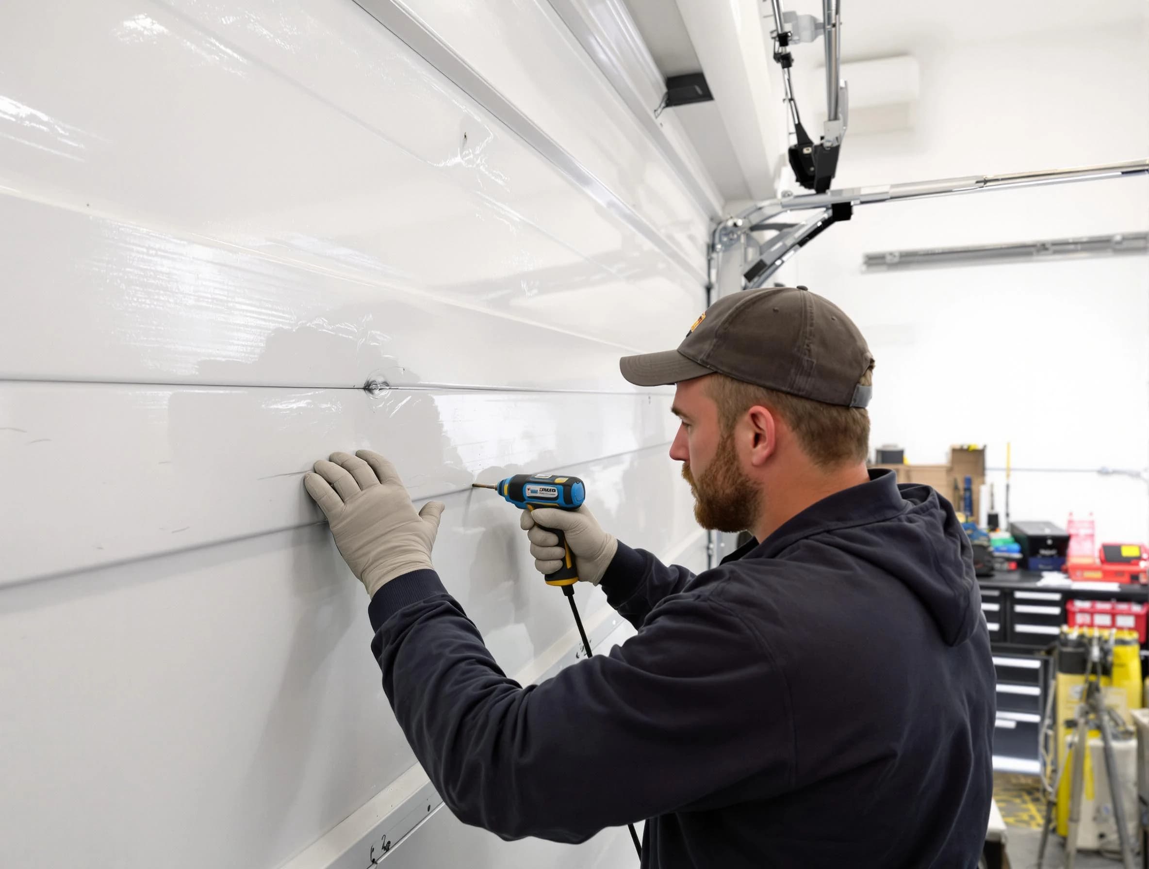 Parsippany Garage Door Repair technician demonstrating precision dent removal techniques on a Parsippany garage door