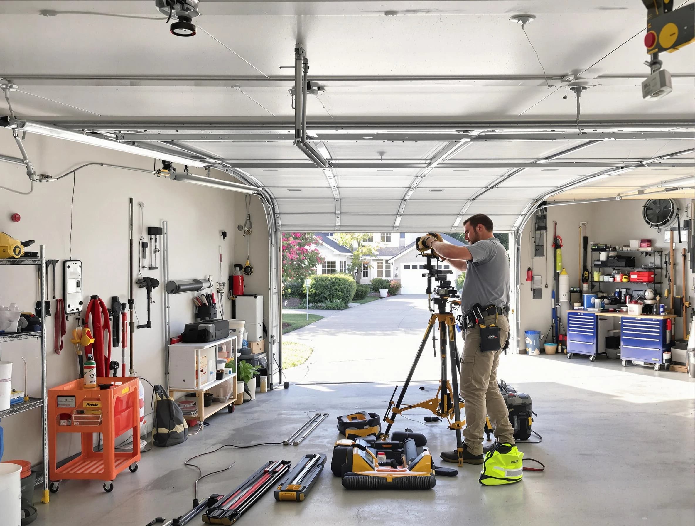 Parsippany Garage Door Repair specialist performing laser-guided track alignment in Parsippany